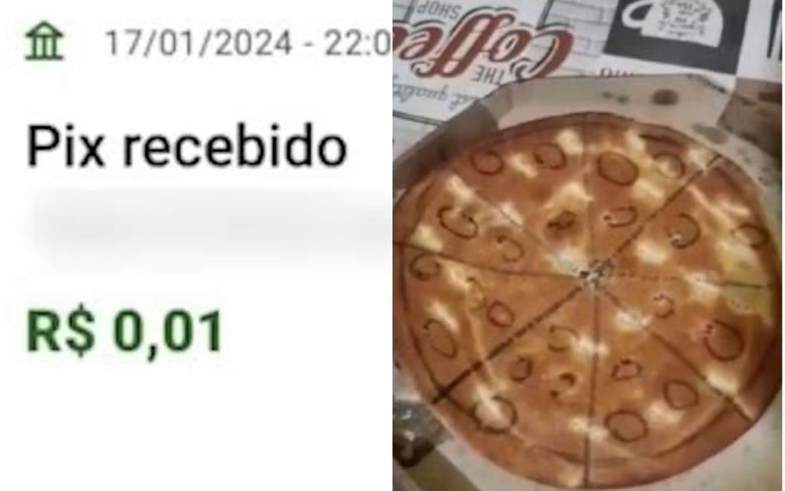 Pizzaria entrega pizza de papelão a cliente que fez Pix de um centavo e enviou comprovante falso